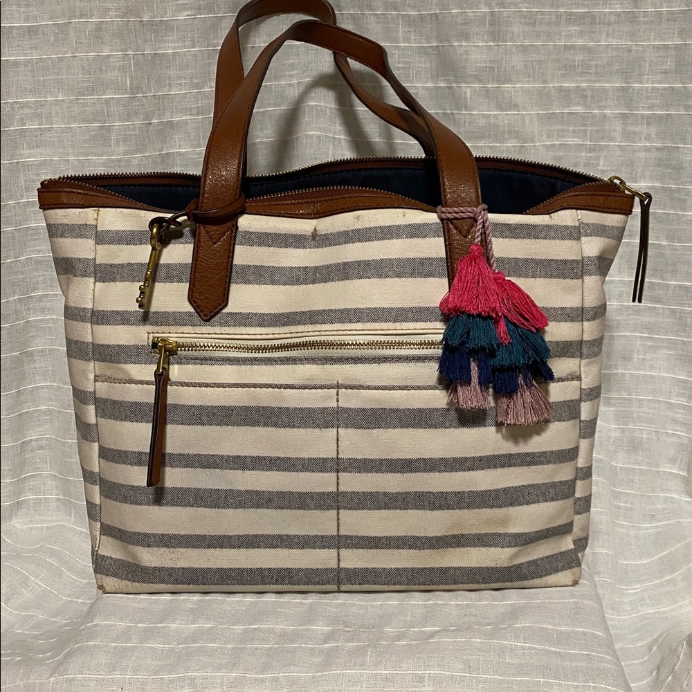 Fossil grey and white Brown Leather Accent Bag